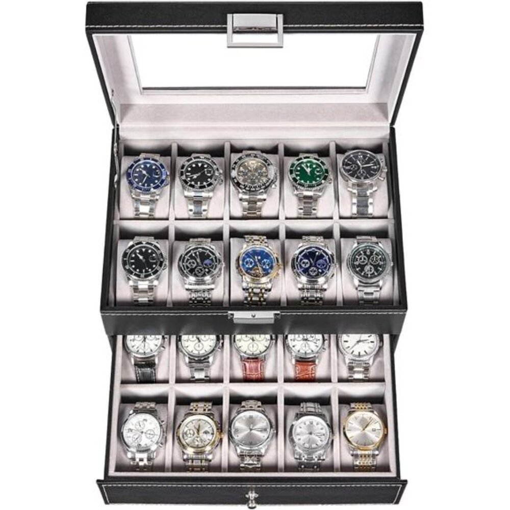 Watch Case, 20-Slot Watch Box Organizer for Men Watch Case with Large Glass Lid